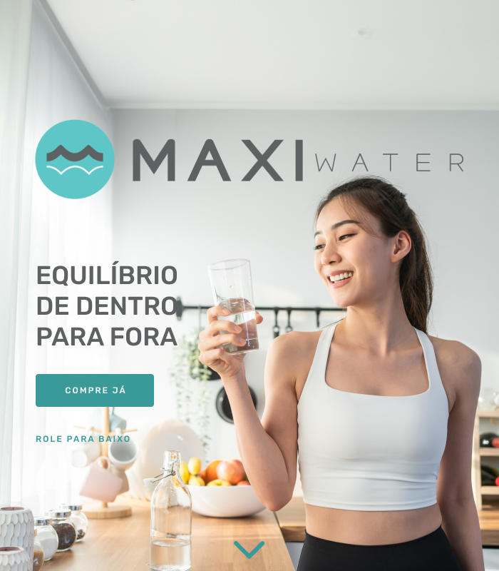 Mulher segurando um copo de água filtrada com o texto: ÁGUA ALCALINA DE VERDADE Equilíbrio de dentro para fora